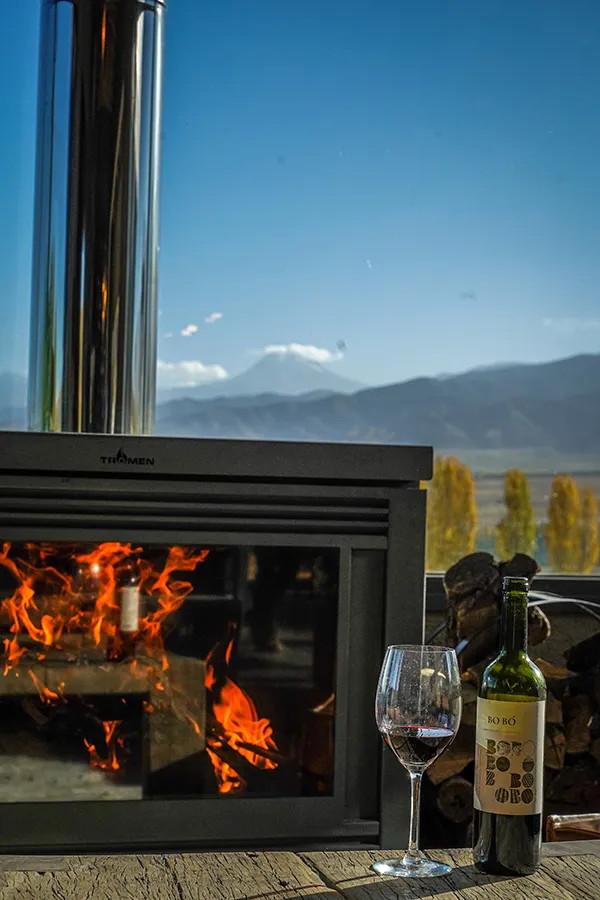 A glass and bottle of wine next to the Tromen heater